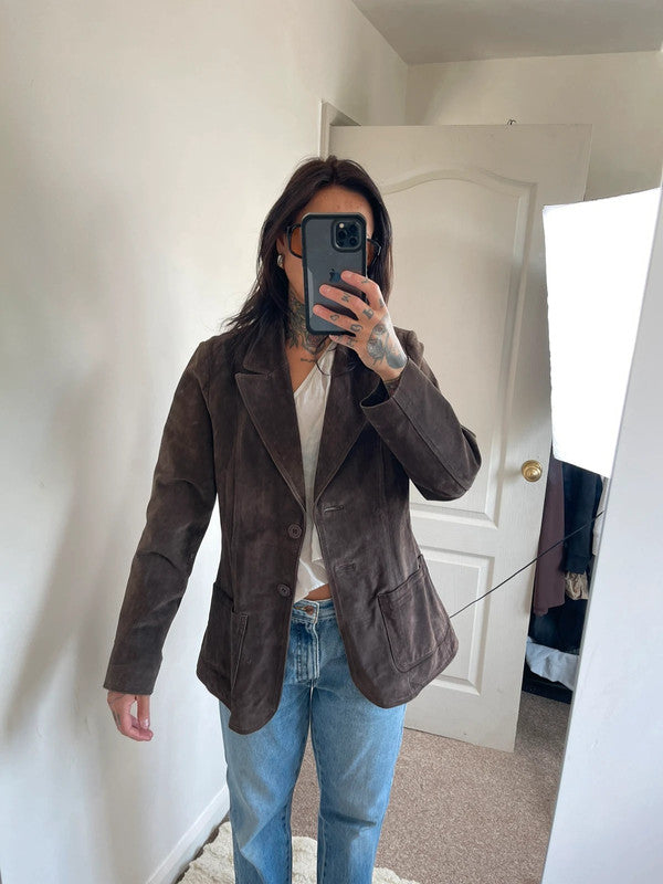 Chocolate brown real leather suede blazer
