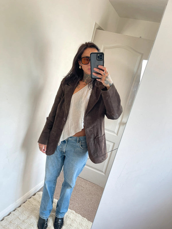 Chocolate brown real leather suede blazer