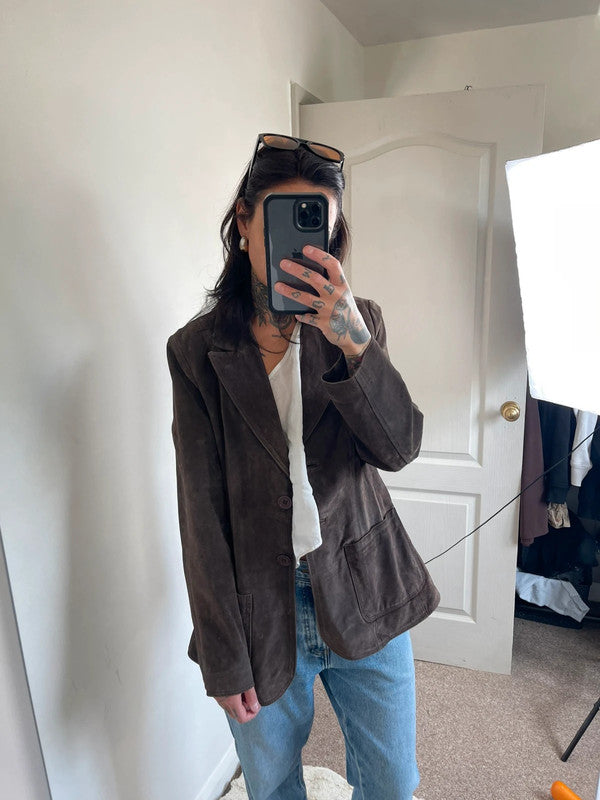 Chocolate brown real leather suede blazer