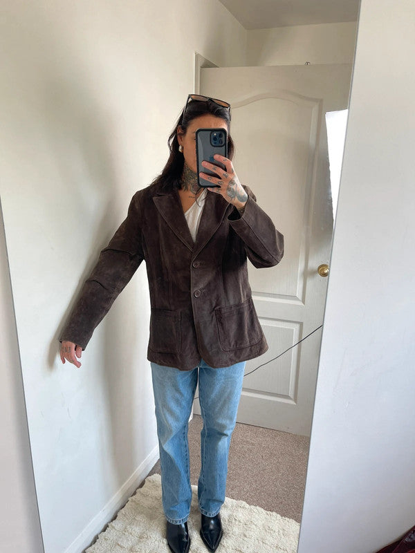 Chocolate brown real leather suede blazer
